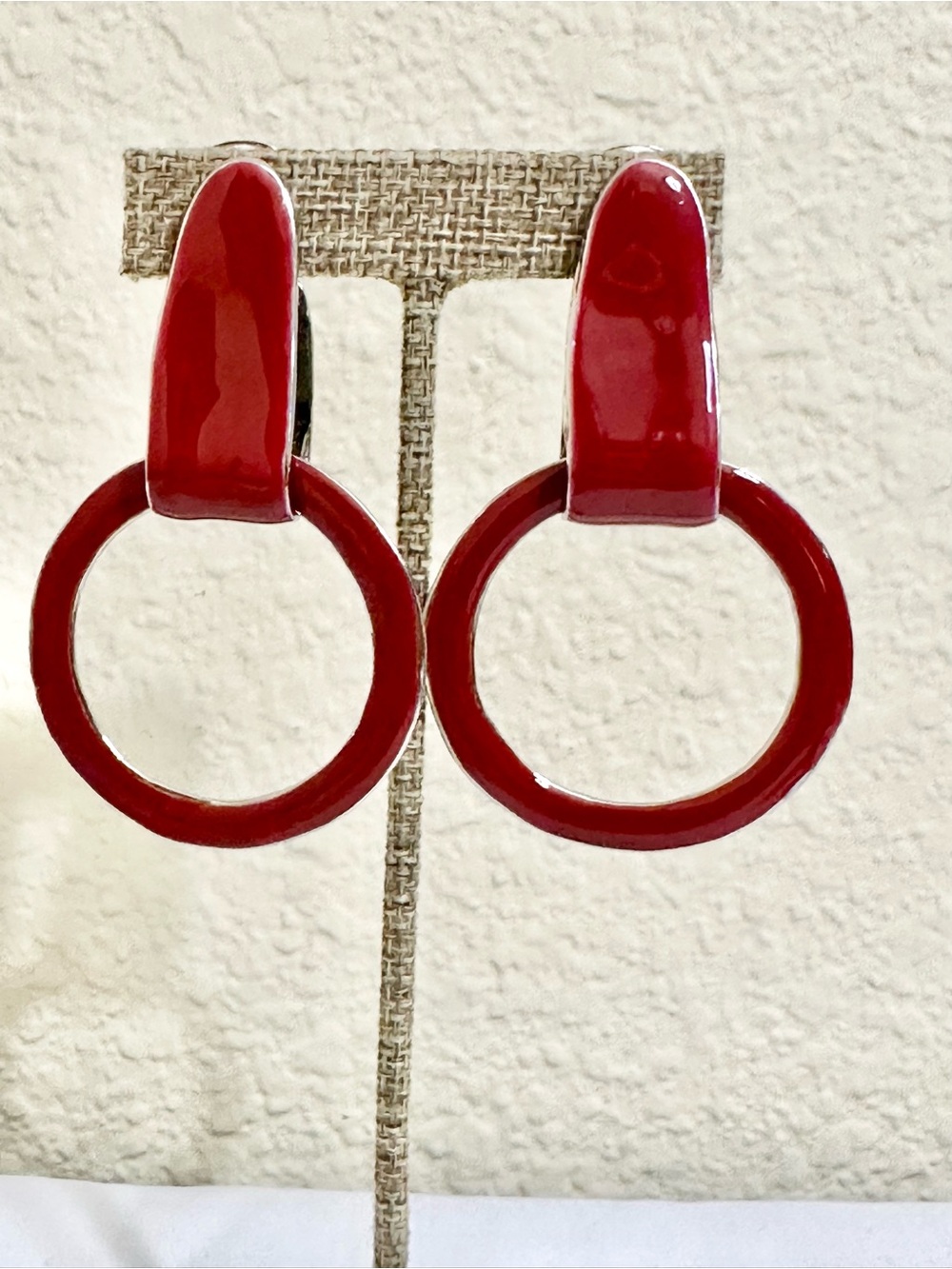 Vintage Silver Plated Red Enamel Hoop Drop Earrings